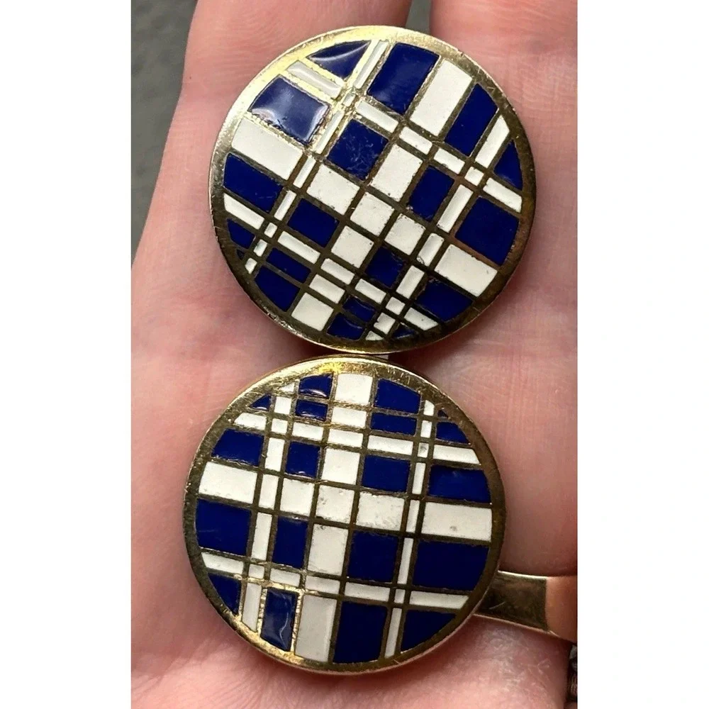 Vintage Gold Tone Blue Enamel Plaid Pattern Modernist MCM Enamel Cufflinks